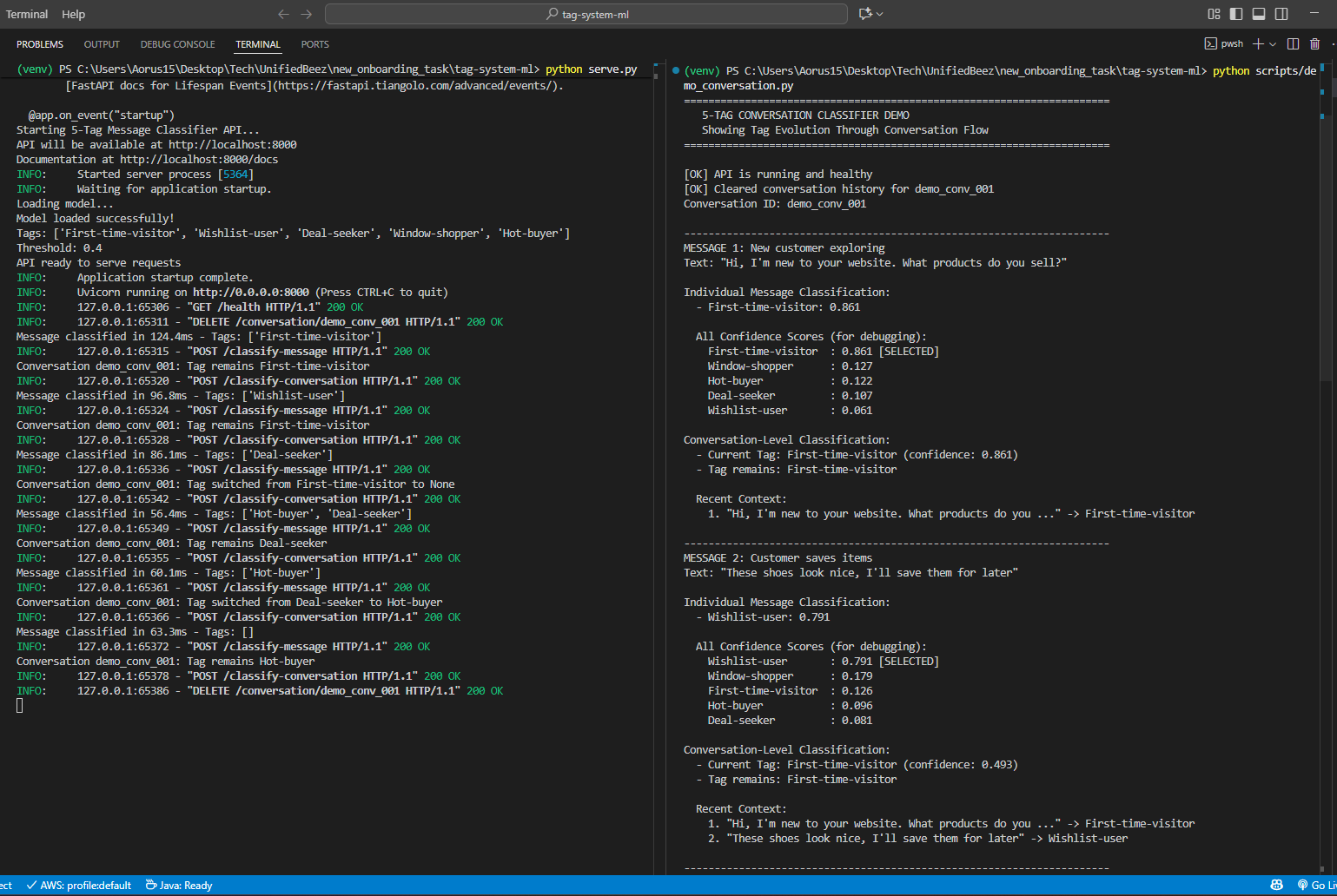 FastAPI Server Running with Conversation Classification Demo