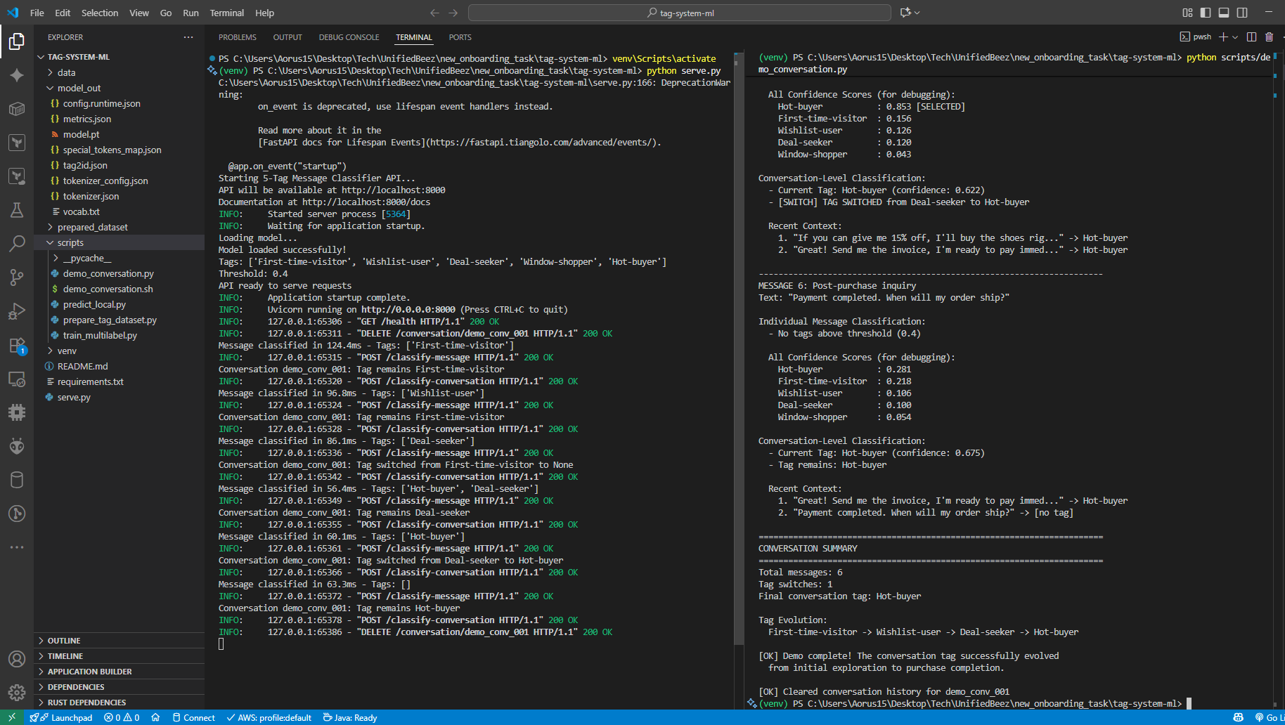 VS Code showing model testing script