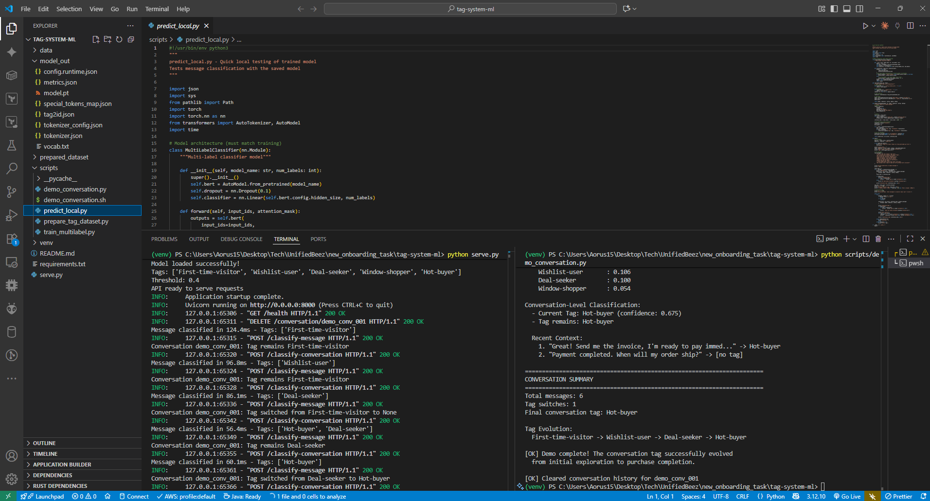 Complete conversation demo showing message classification and tag evolution