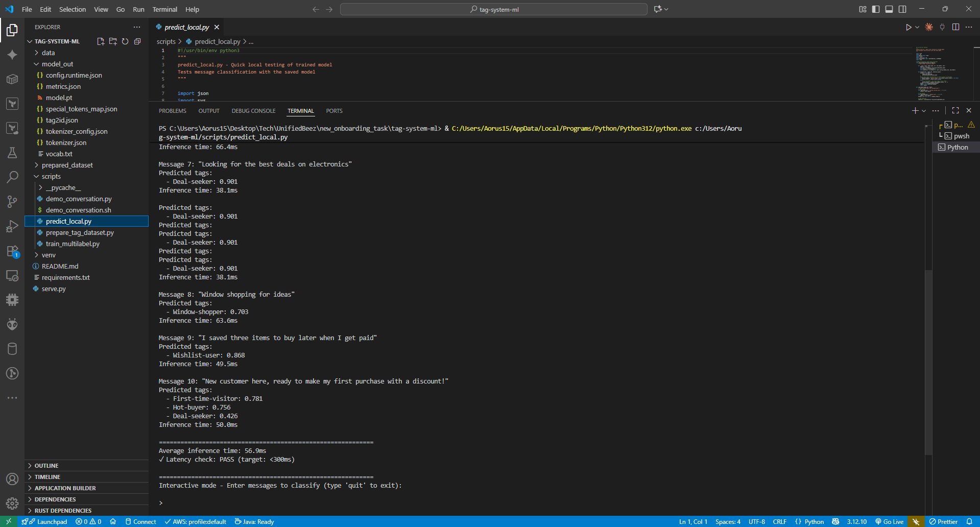 Final predictions (Messages 7-10) with average inference time 56ms and latency PASS