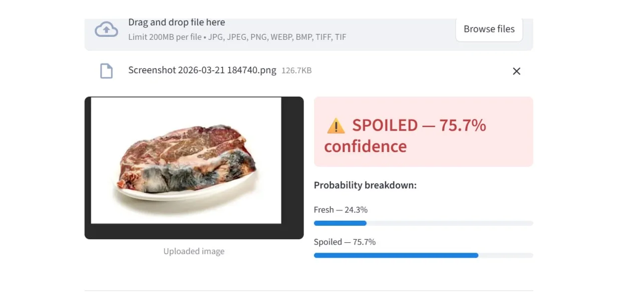 SPOILED 75.7%, grayish meat on plate