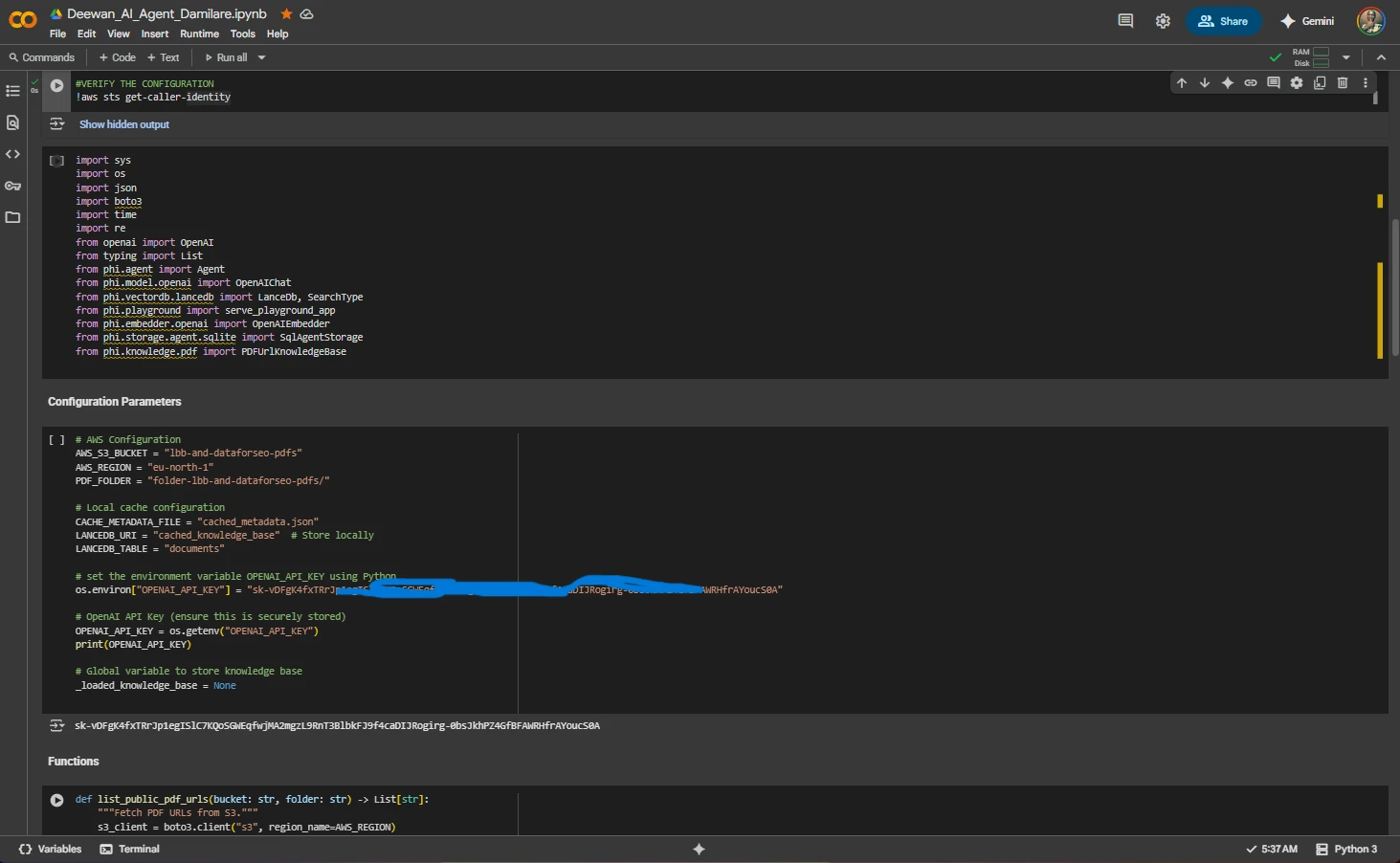 Google Colab showing code configuration, imports, and function definitions