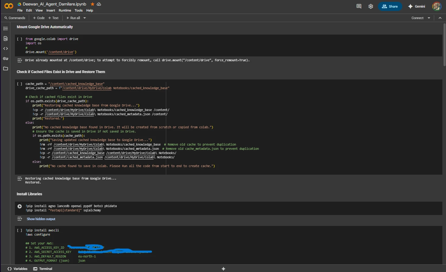 Google Colab showing Drive mounting, cache restoration, and AWS configuration