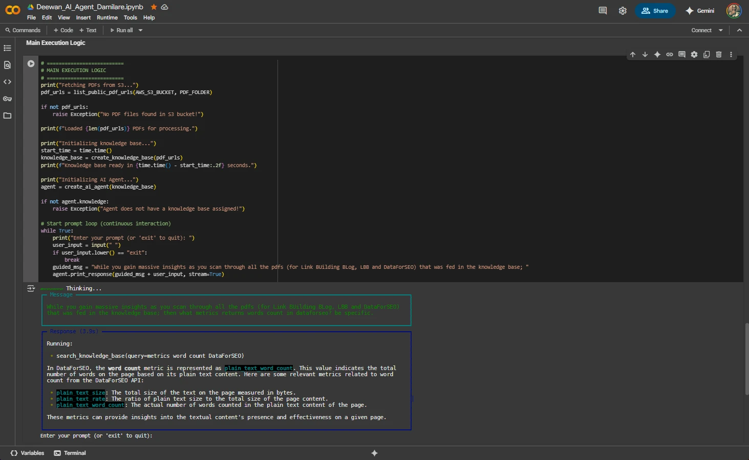 Google Colab execution showing the agent processing a DataForSEO query about word count metrics