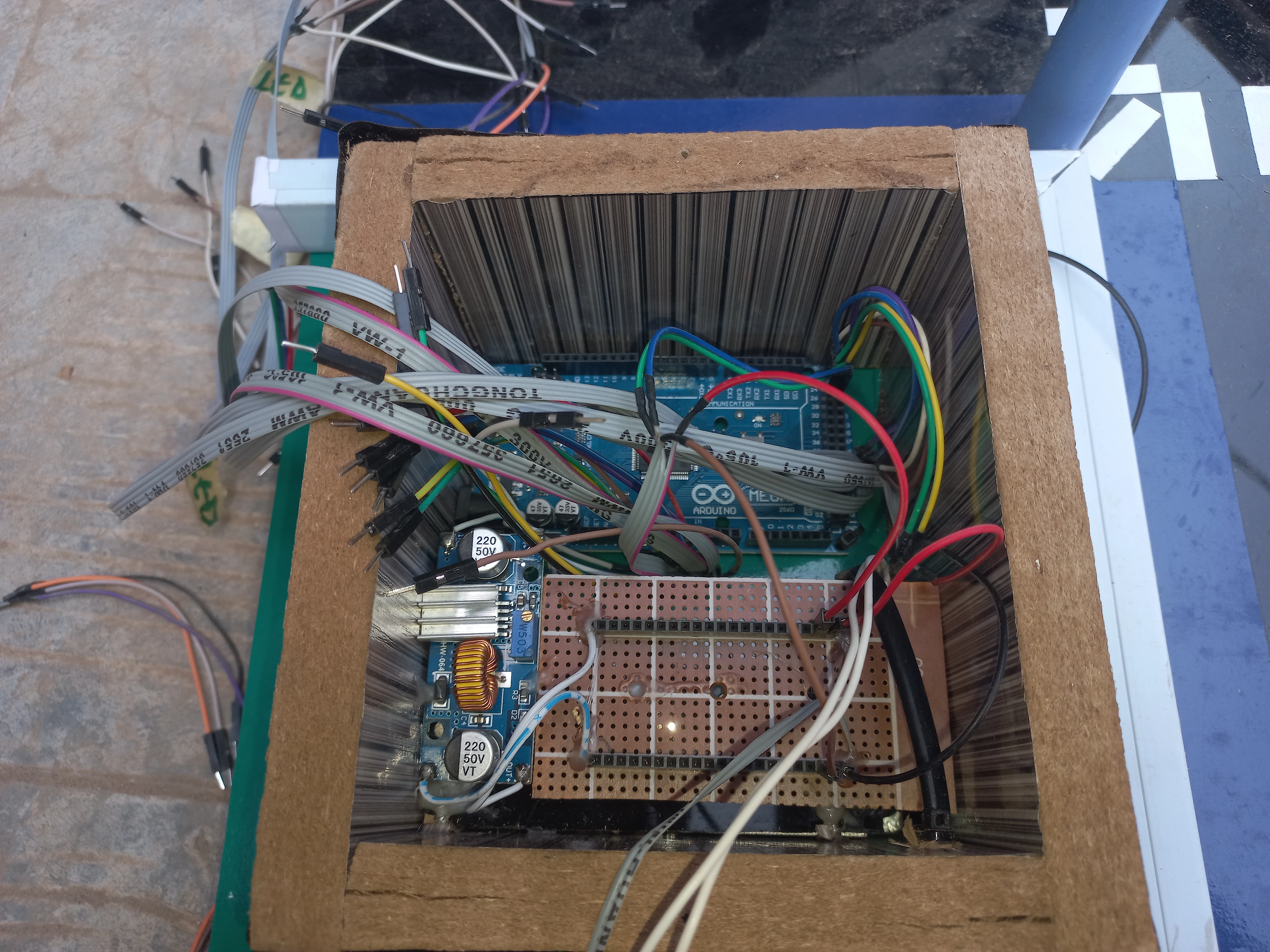 Arduino Mega control box interior — angle 1 showing wiring and perfboard