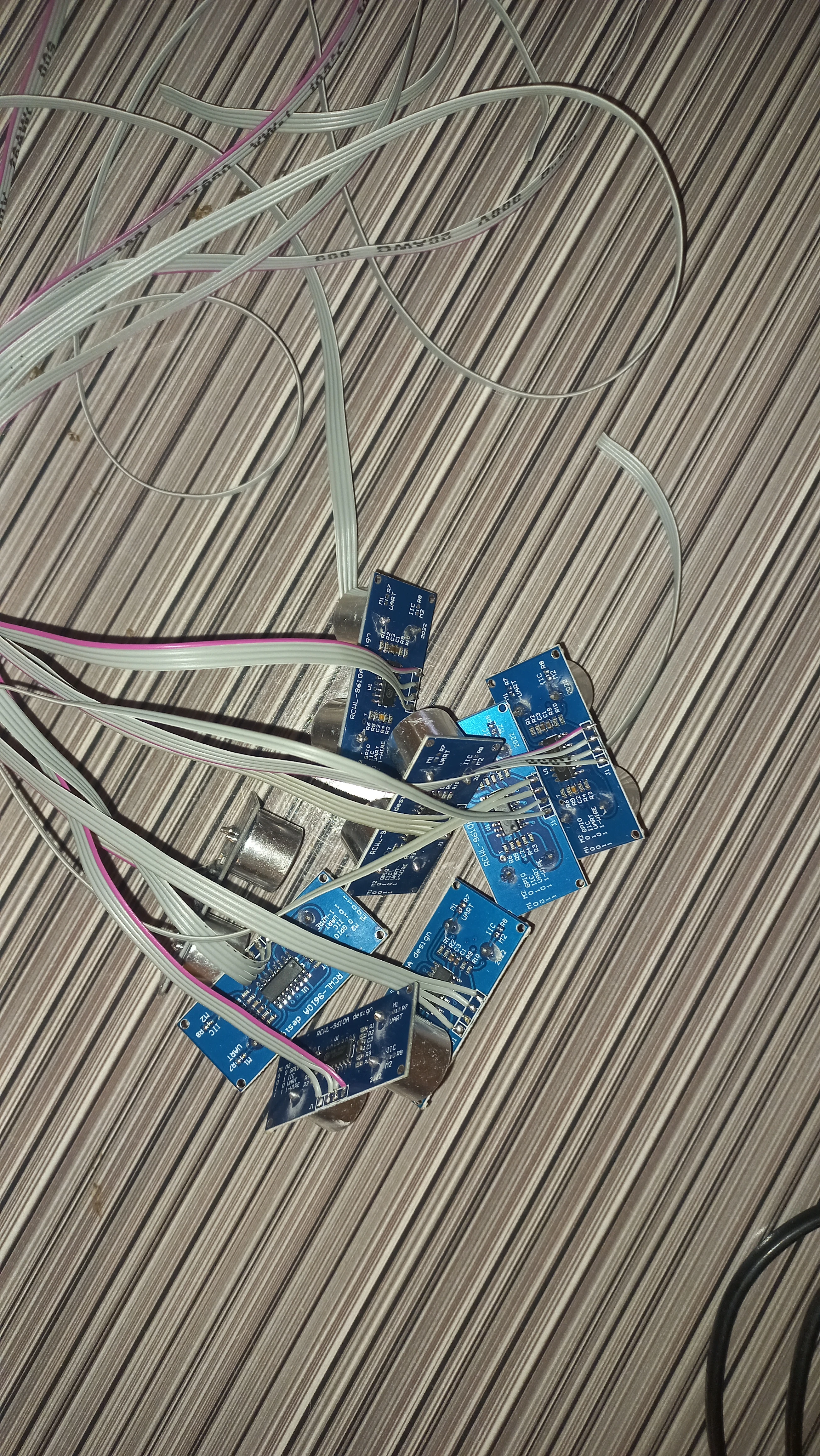 HC-SR04 sensors wired via ribbon cable — angle 2