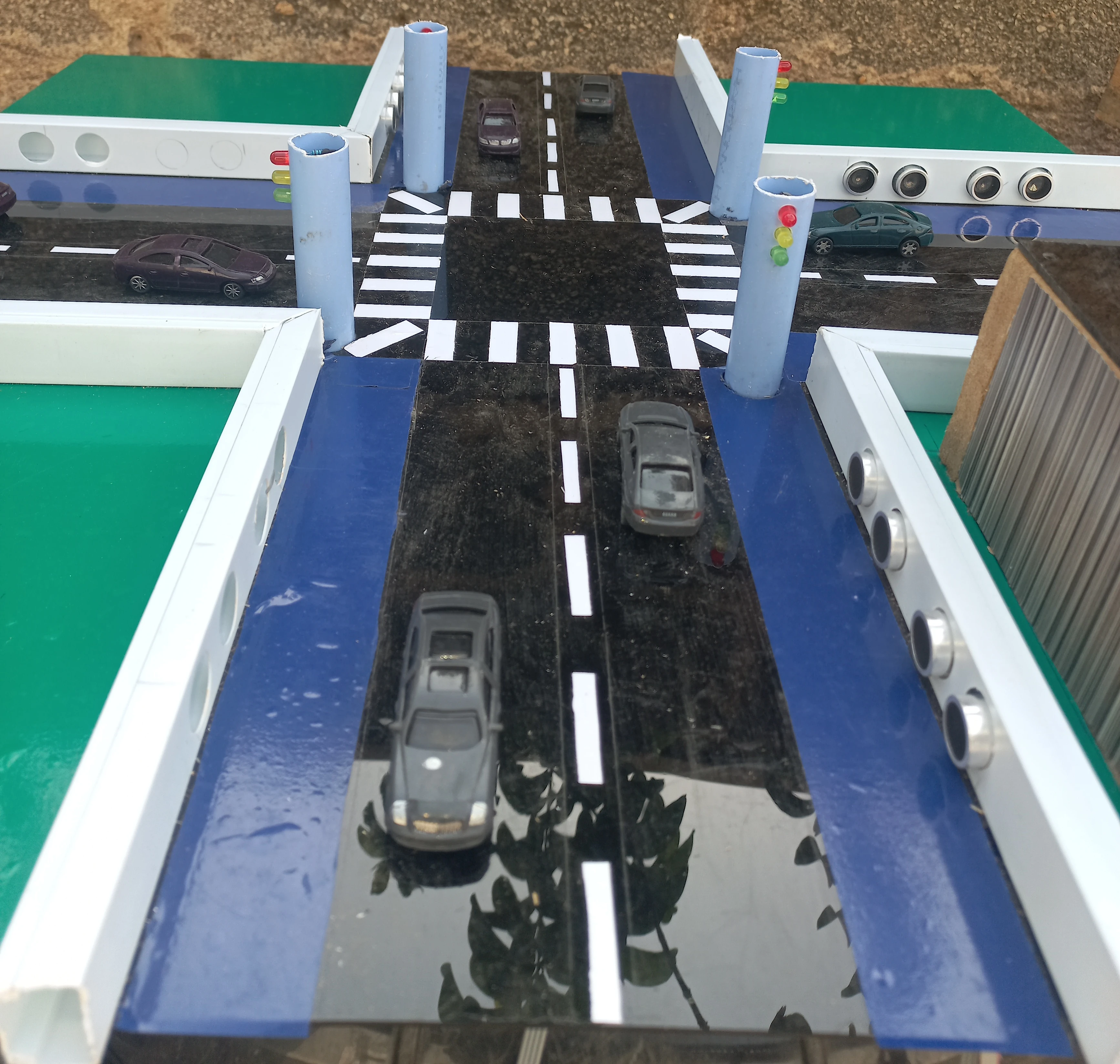 Close-up of traffic light LEDs installed in road model