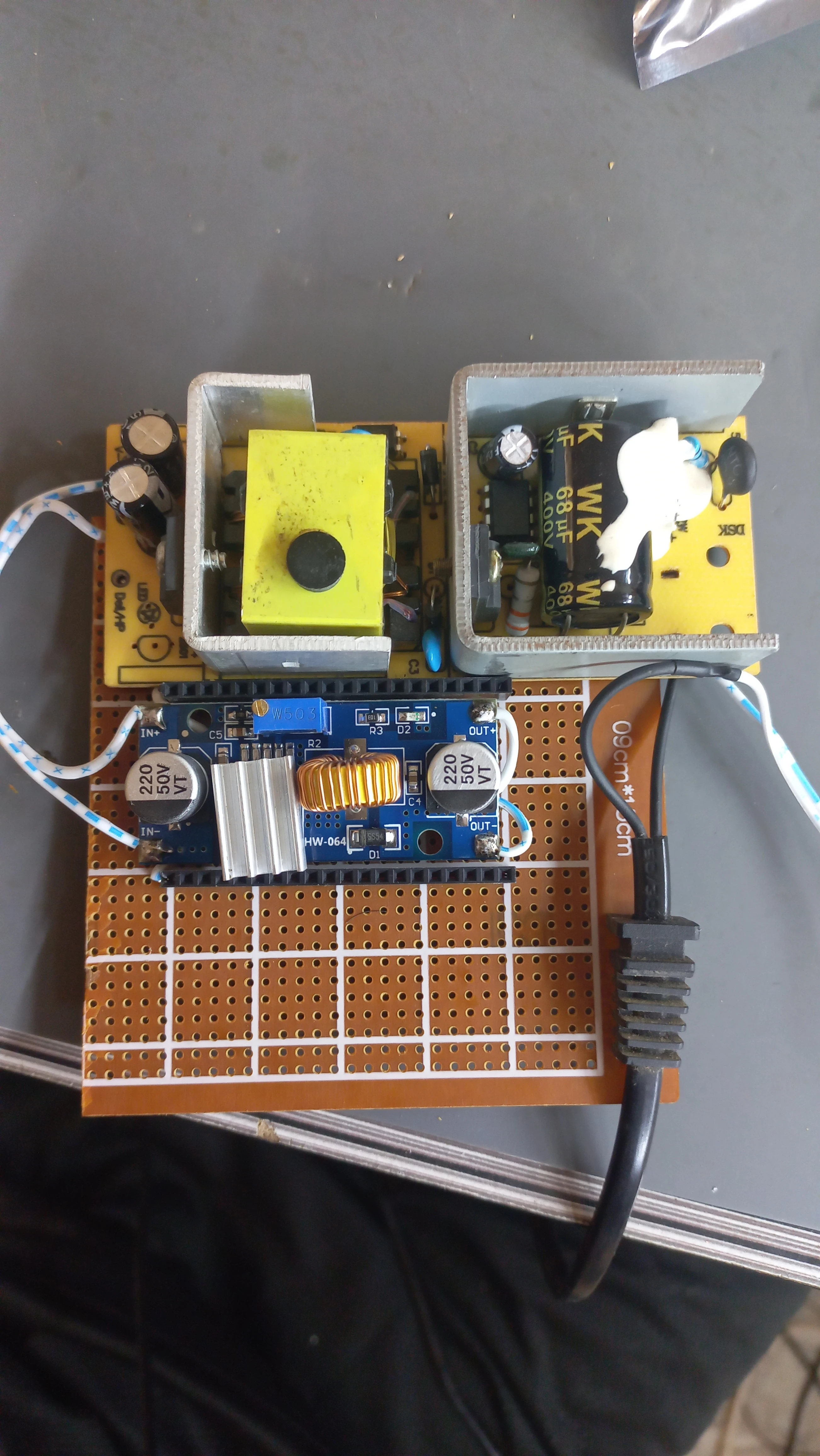 PSU and buck converter mounted and soldered on perfboard