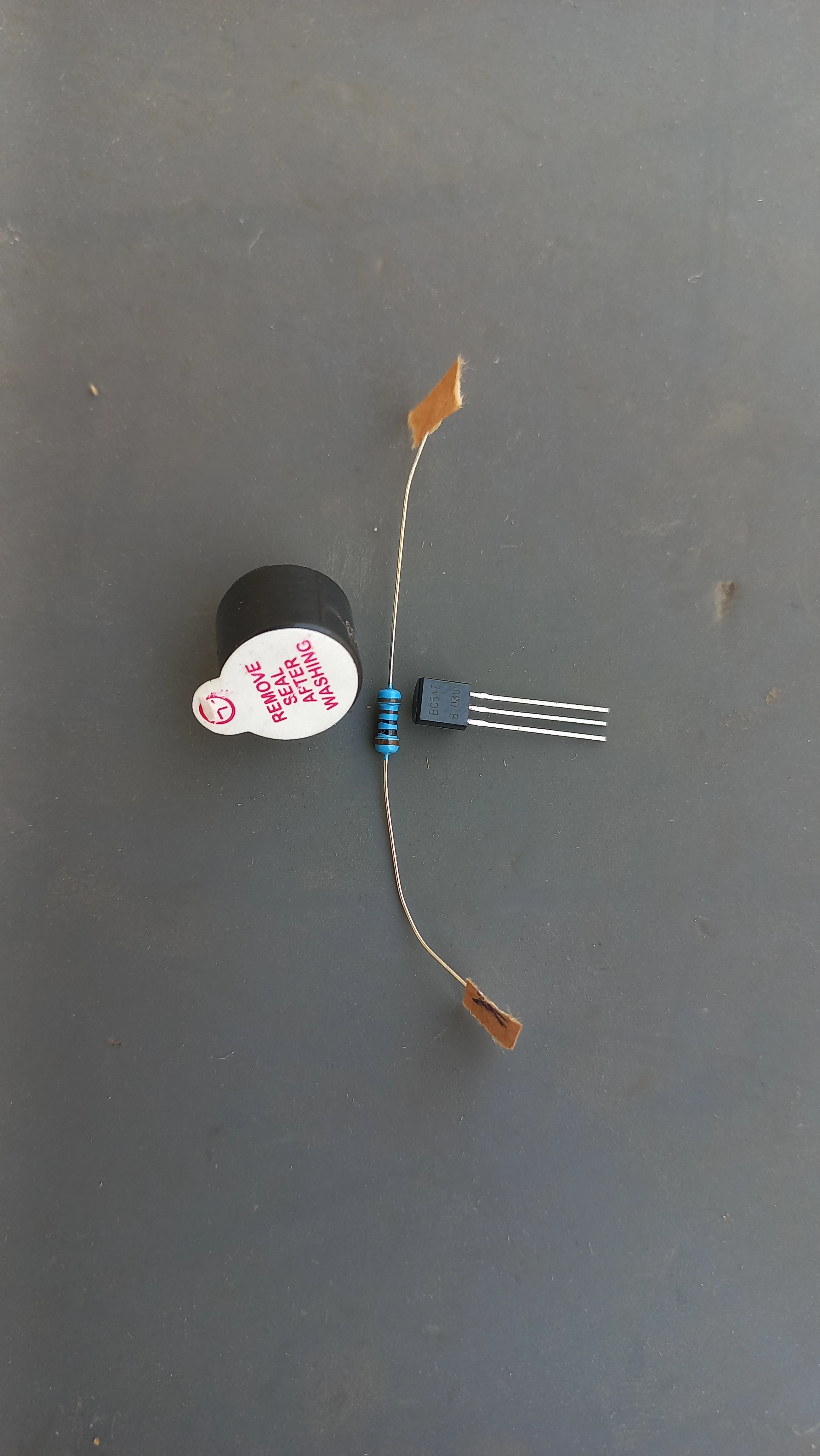 Transistors and buzzer — overhead view