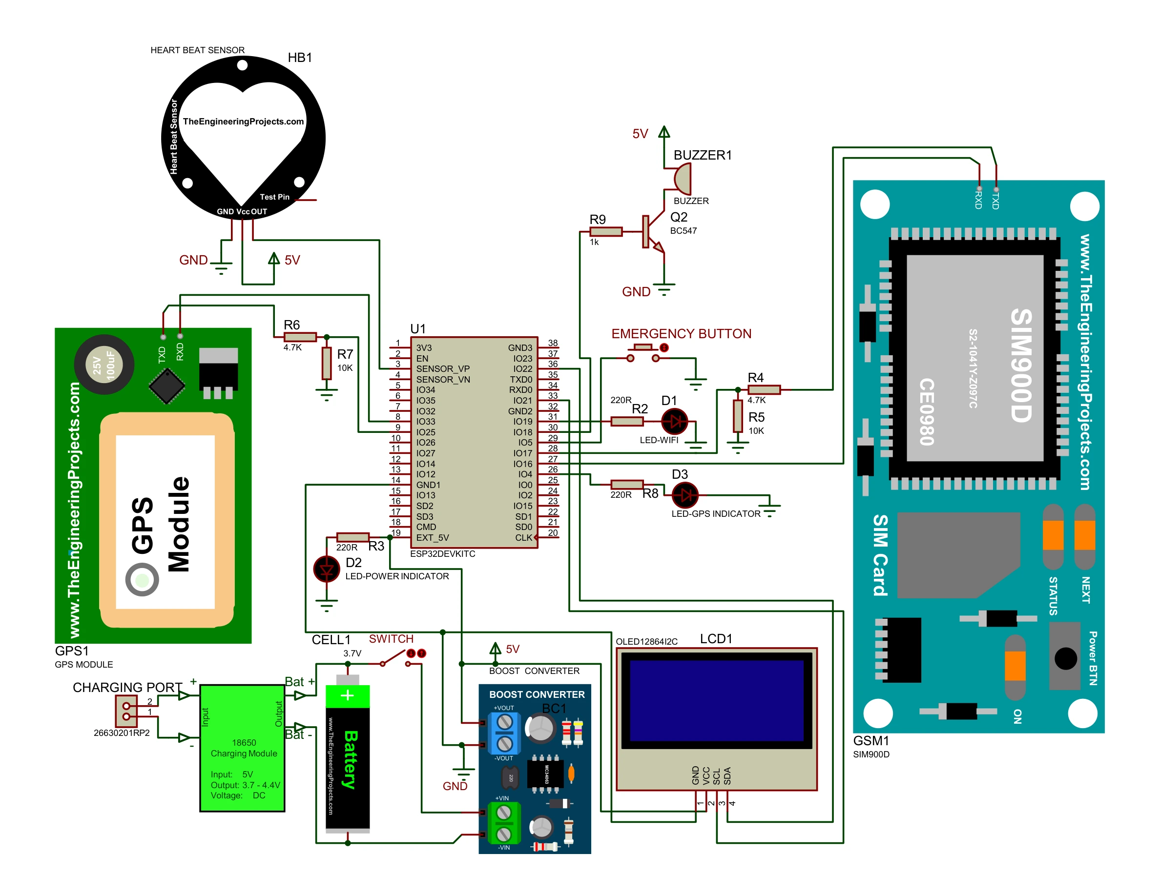 Smart Women's Safety Device - full colour Proteus circuit schematic
